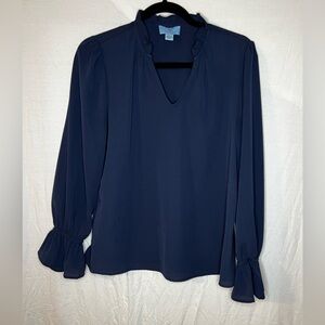 CeCe long sleeve navy blue blouse size small ruffle cuffs